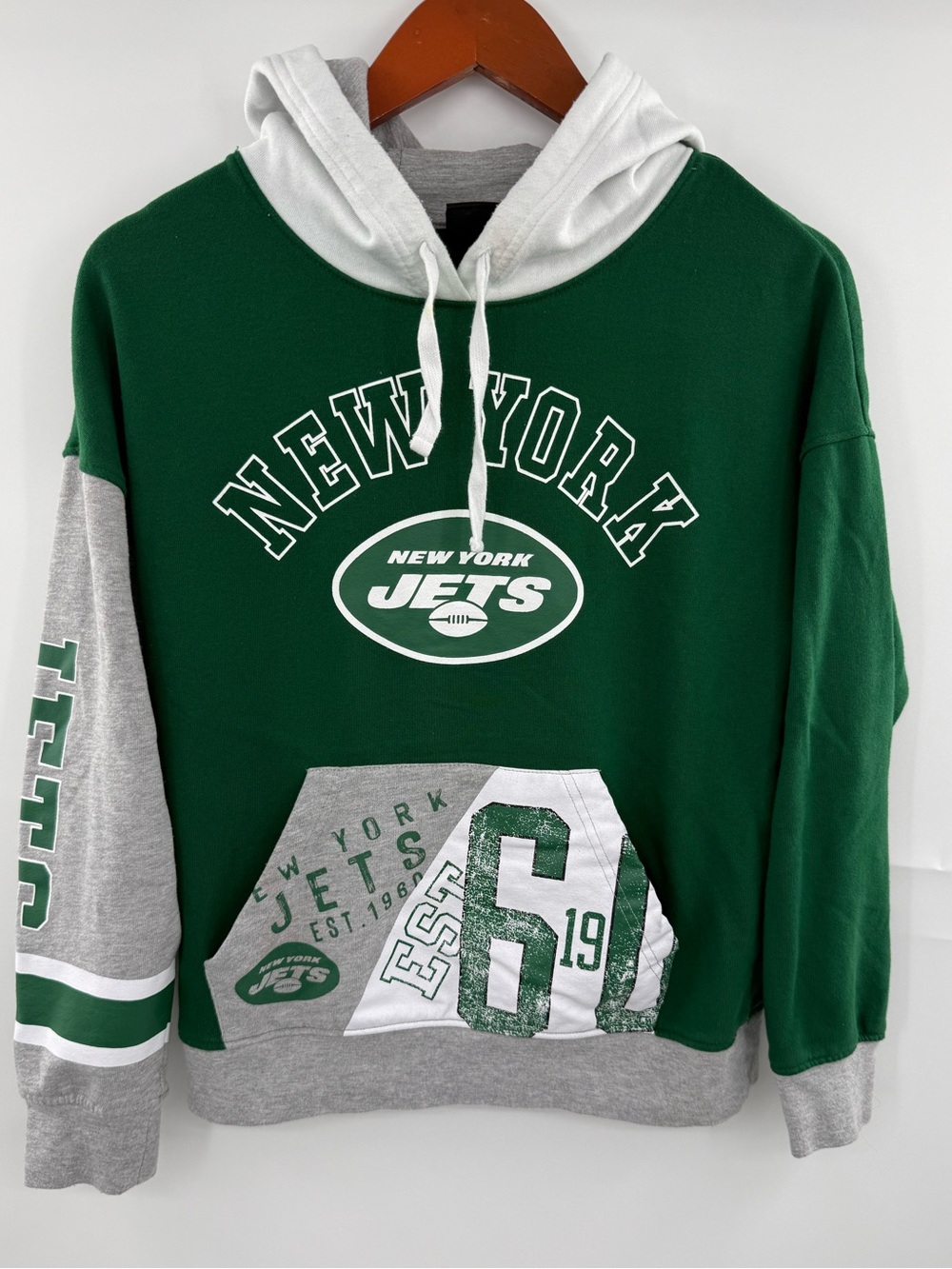 New York Jets Girls M 7/9 Hoodie NFL Green Gray Colorblock Pullover Sweatshirt